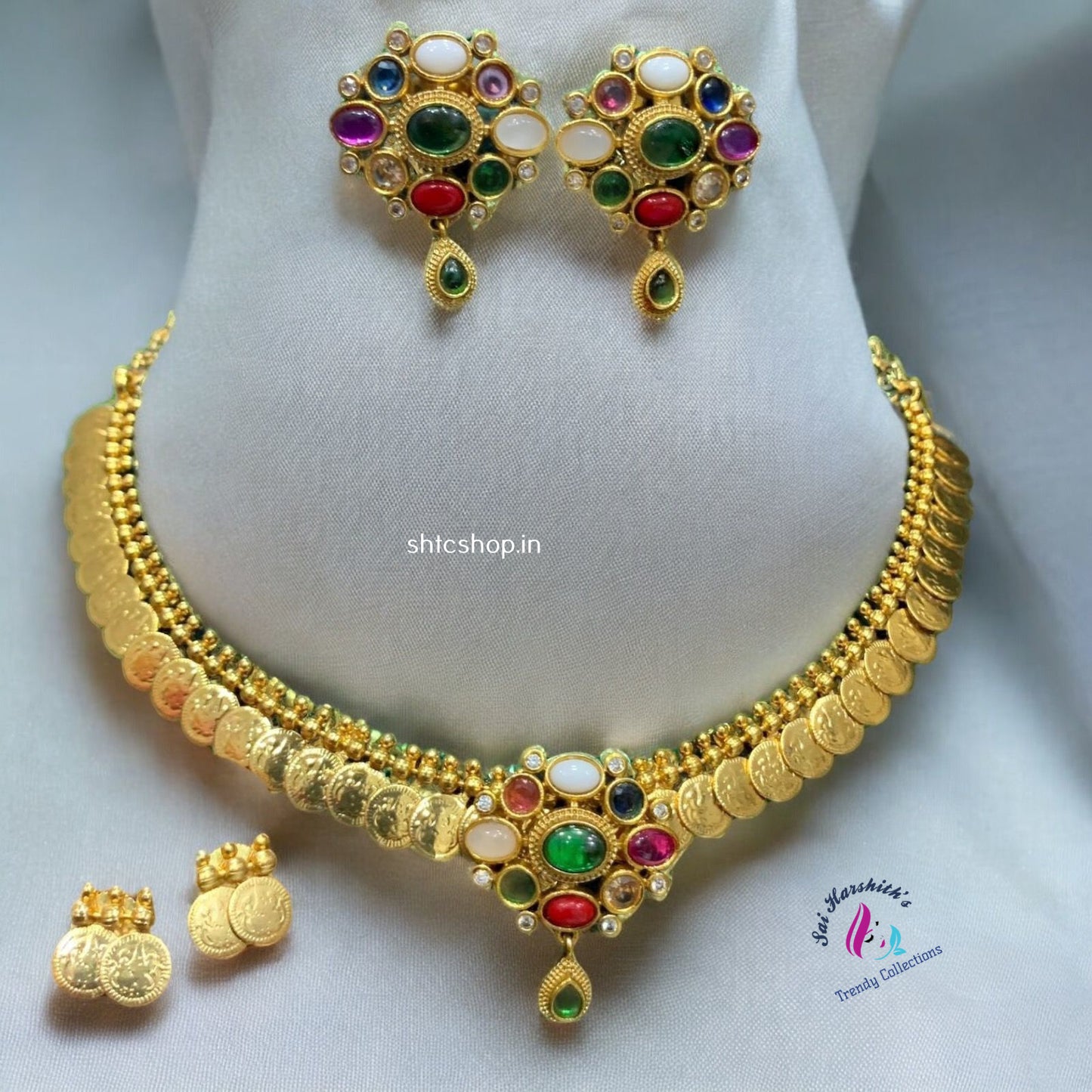 Coin Necklace with Navarathna Pendant and 2 pairs of earrings - SHTC947 - Sai Harshith's Trendy Collections