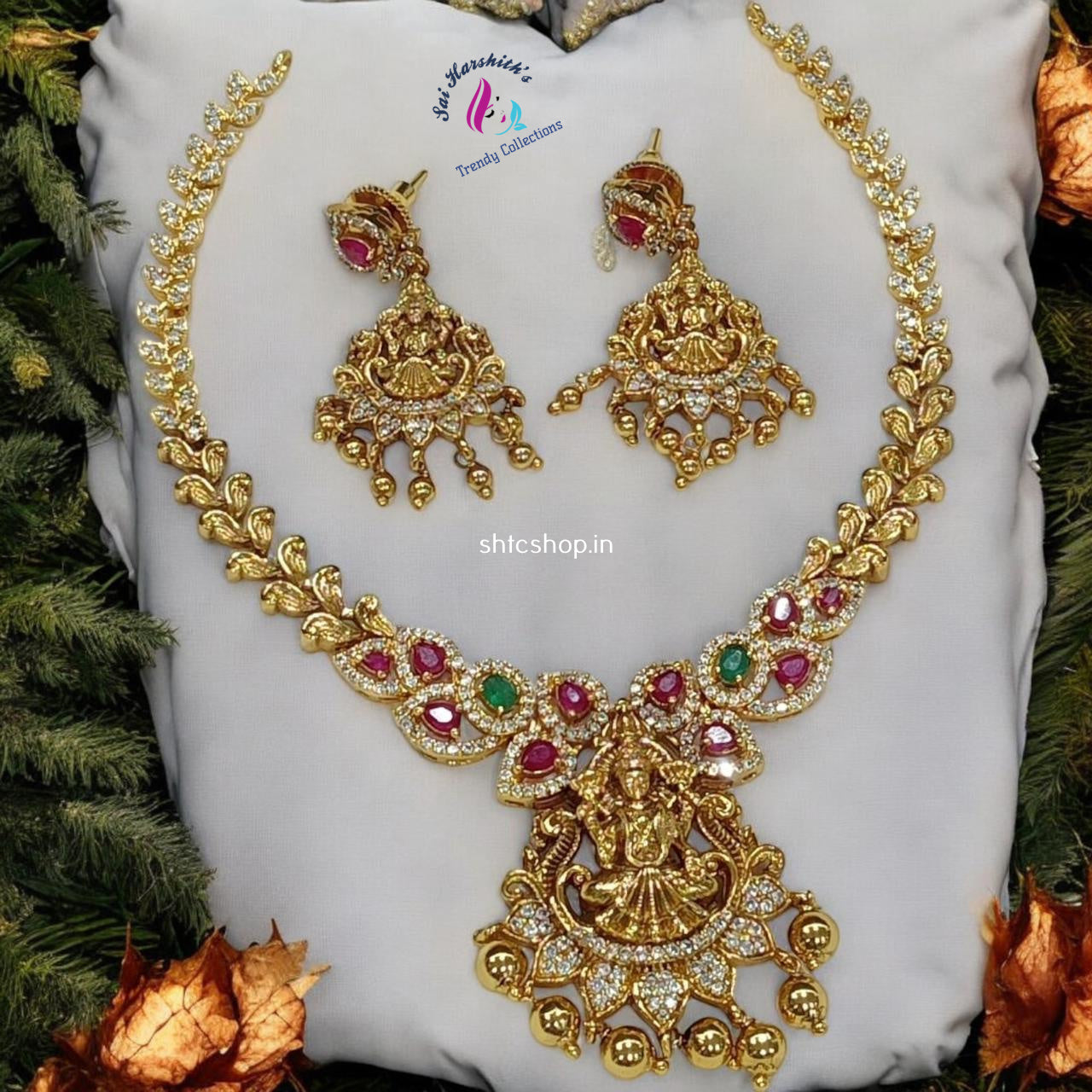 Cute Matte Finish Temple Necklace set with Cz Stones - SHTC962 - Sai Harshith's Trendy Collections