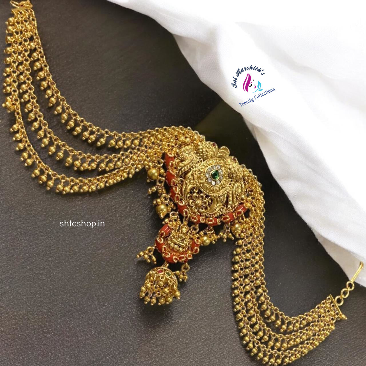 Bahubali Style Hair Accessories with Coral & Kempu Stones - SHTC967 - Sai Harshith's Trendy Collections