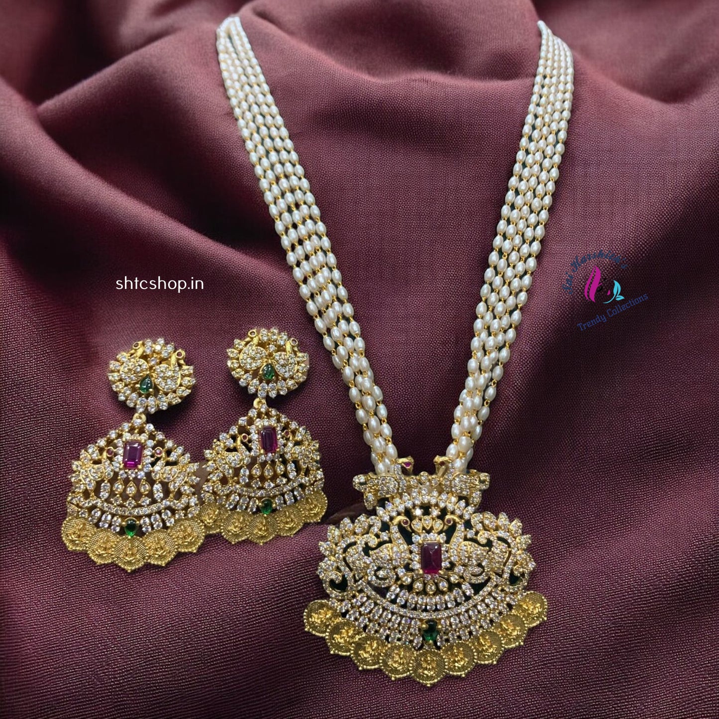 5 Layer Rice Bead Haram with Cz Pendant and Earrings - SHTC994 - Sai Harshith's Trendy Collections