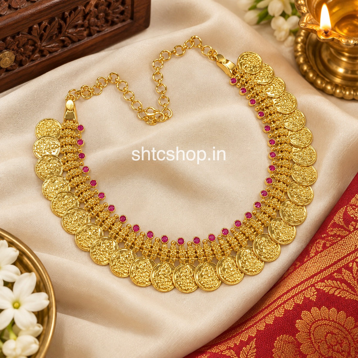 1GM Gold Polished Traditional Coin Necklace with Ruby Stones - SHTC982