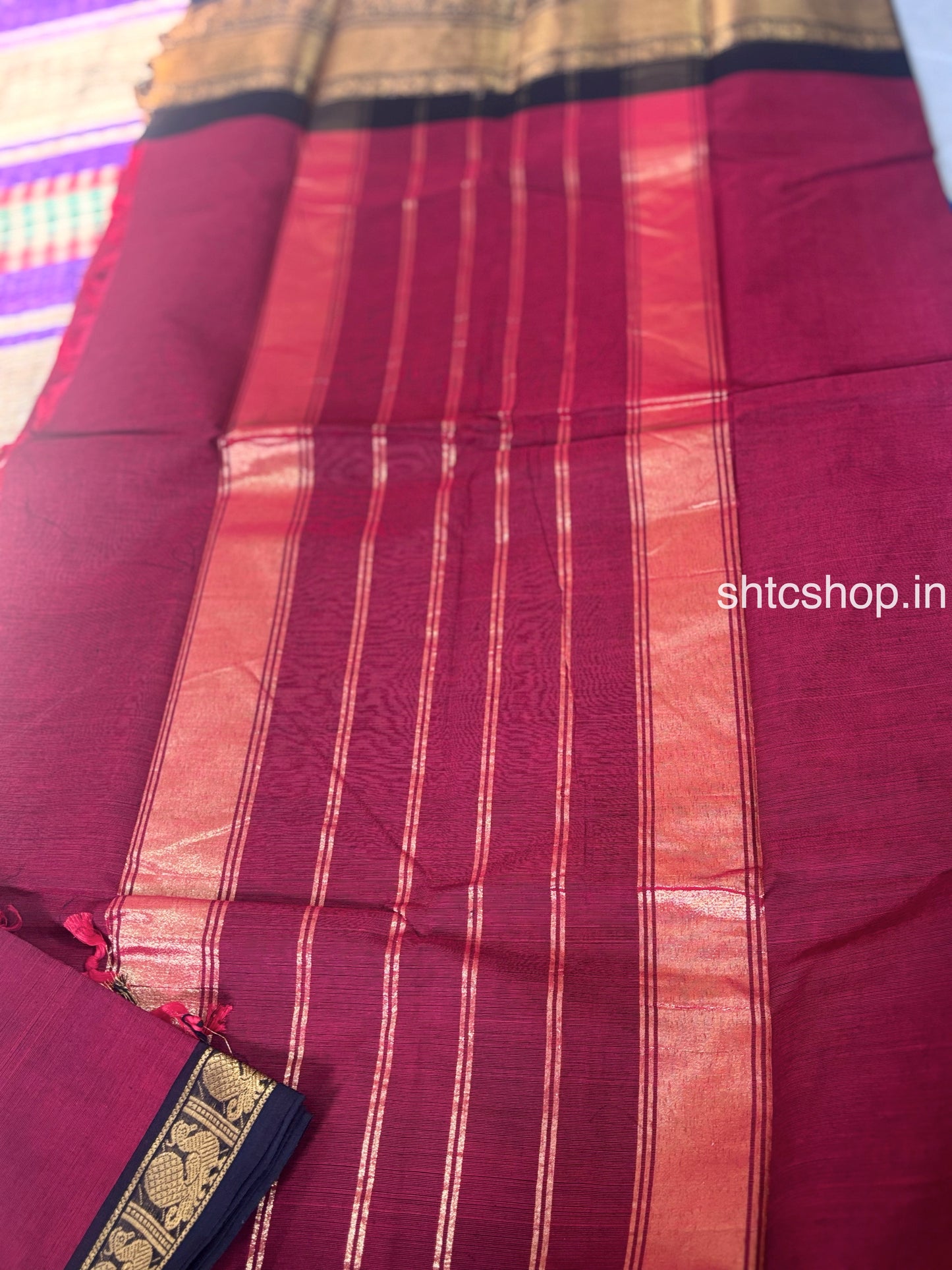 100 Count Lightweight Maroon Kanchi Cotton Saree with Black Peacock Zari Border