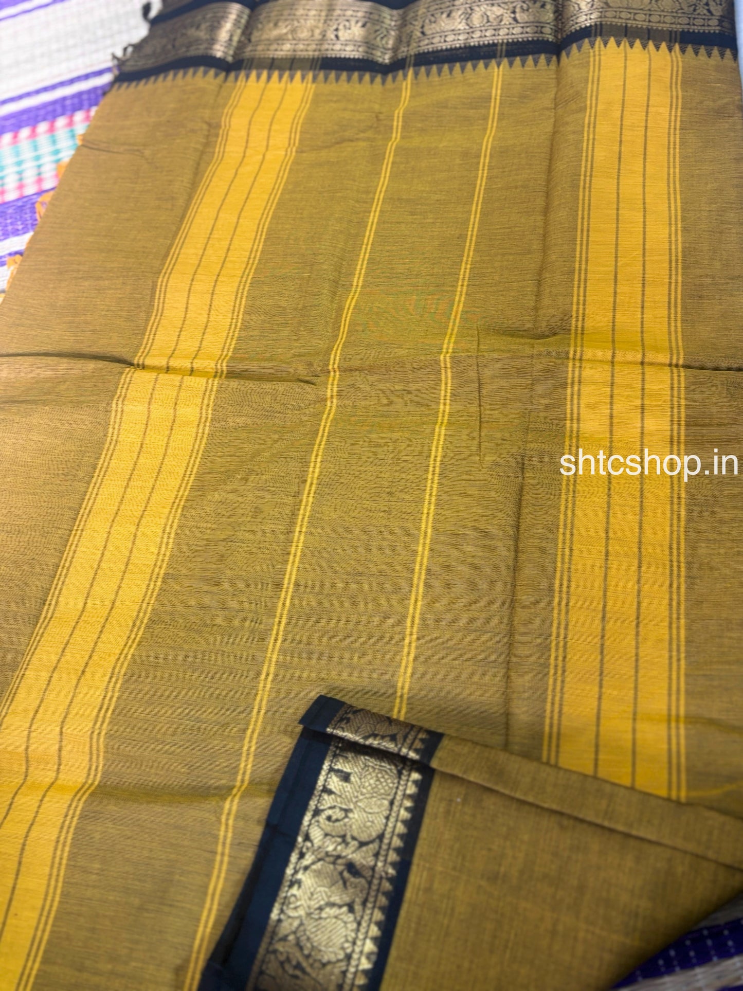 100 Count Mustard Kanchi Cotton Saree with Black Elephant Zari Border and Running Blouse