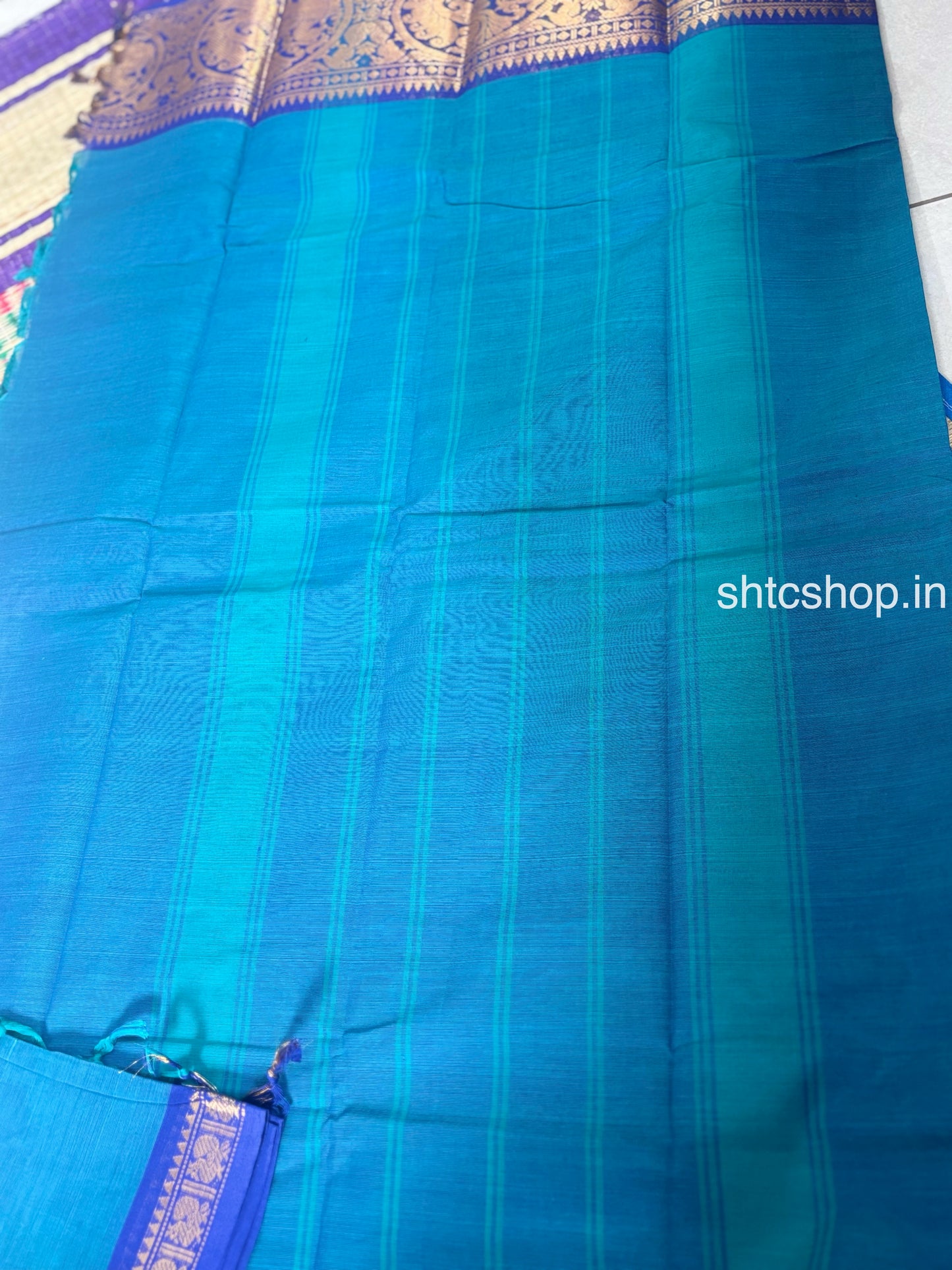 100 Count Turquoise Blue Kanchi Cotton Saree with Royal Blue Peacock Zari Border and Running Blouse