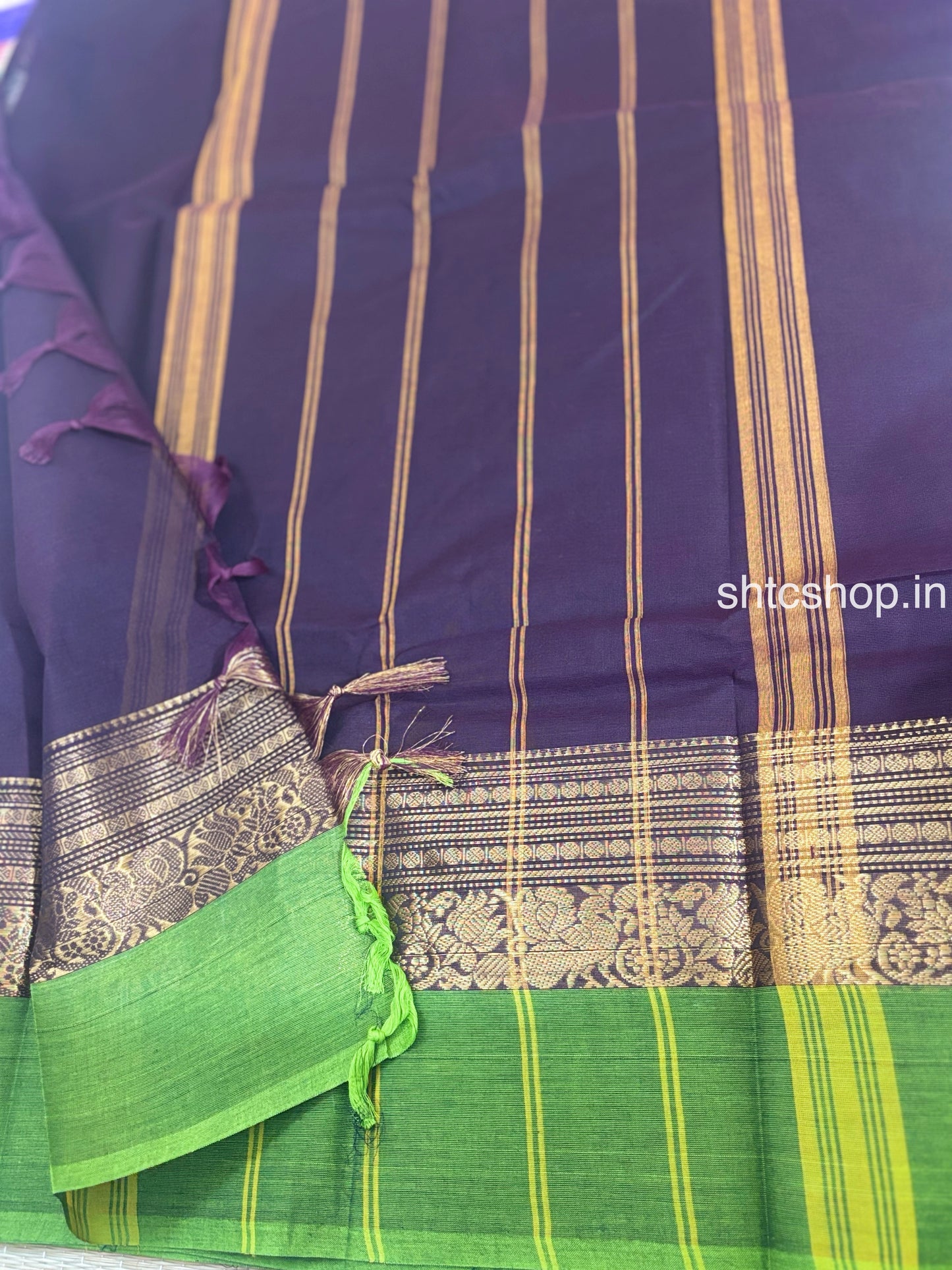 100 Count Deep Purple Kanchi Cotton Saree with Green Floral Zari Border and Running Blouse