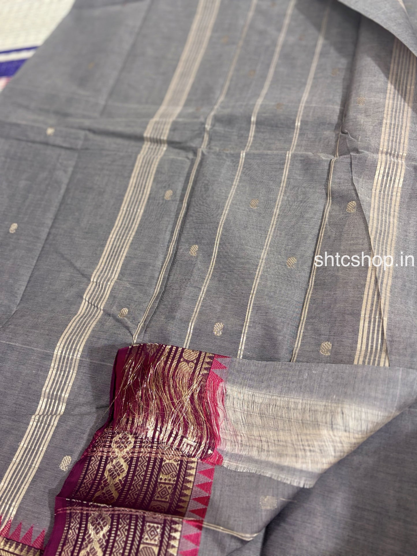 100 Count Grey Kanchi Cotton Saree with Maroon Temple Zari Border and Running Blouse