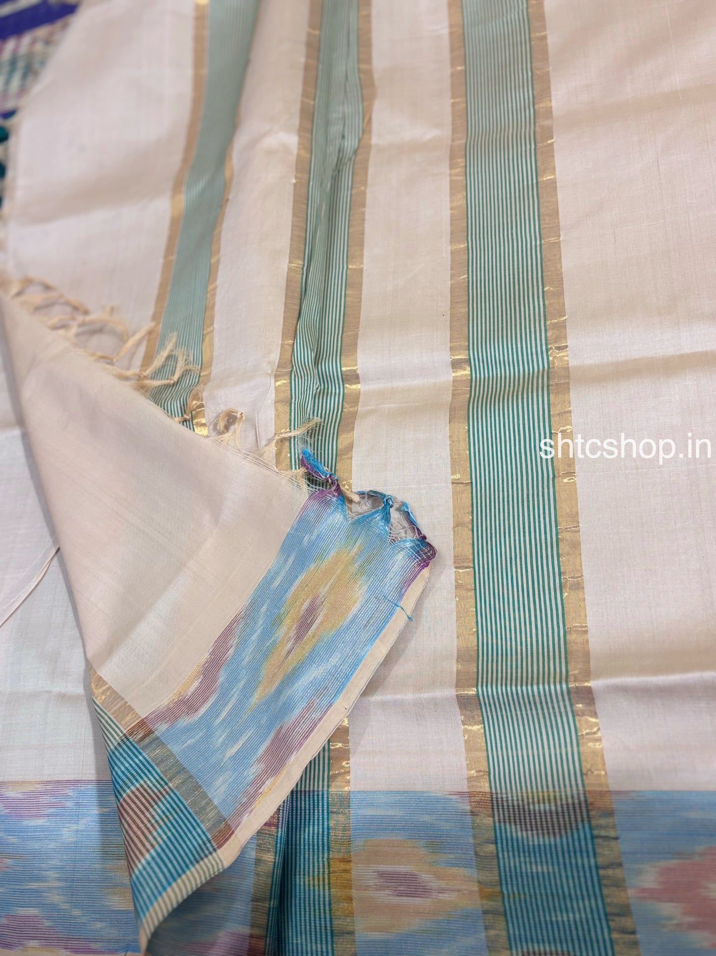 Silk Saree Cotton with Green, Ikat Border and Contrast Blouse