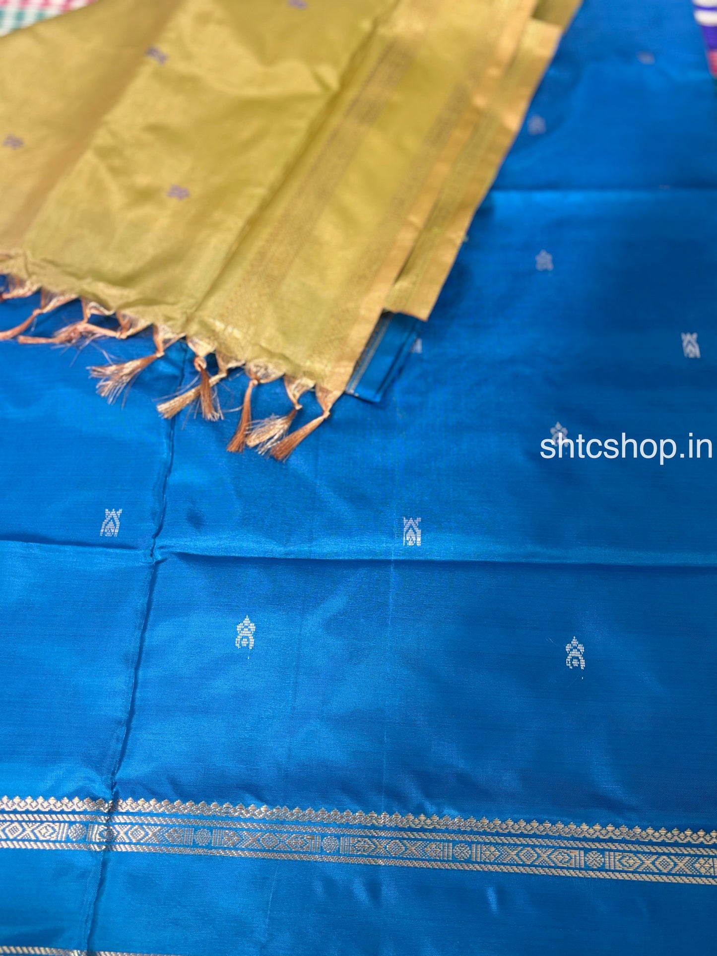 Royal Blue Banana Silk Saree with Golden Contrast Pallu, Woven Buttas and Contrast Blouse