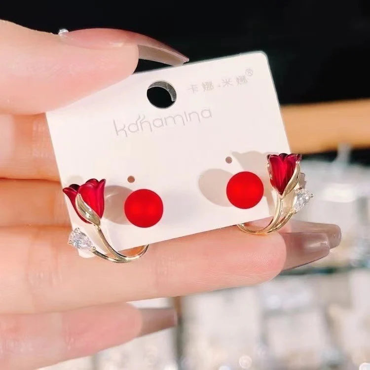 Red Tulip Flower Earrings - KE158