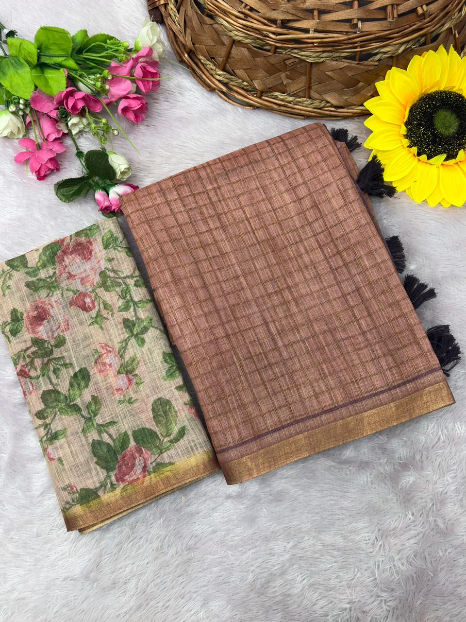 Light Brown Soft Linen Cotton Saree with Digital Printed Pallu