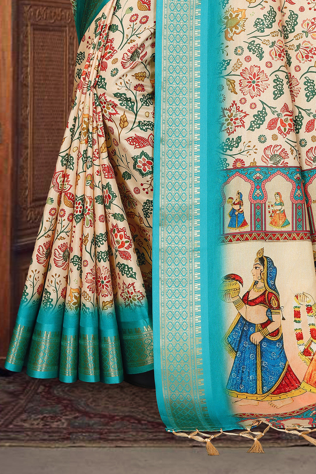 Off white color soft cotton saree with kalamkari printed work and zari border