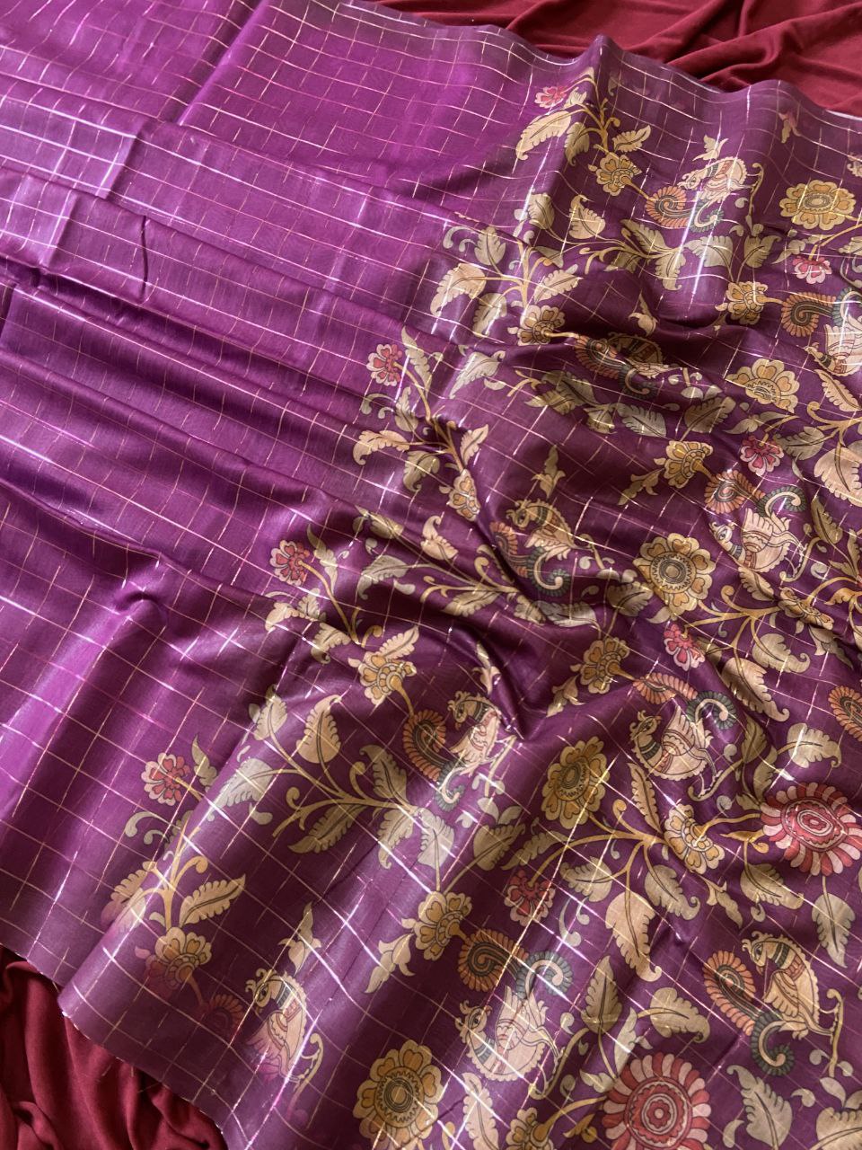 Magenta Soft Semi Tussar Silk Saree with Kalamkari Print and Checks