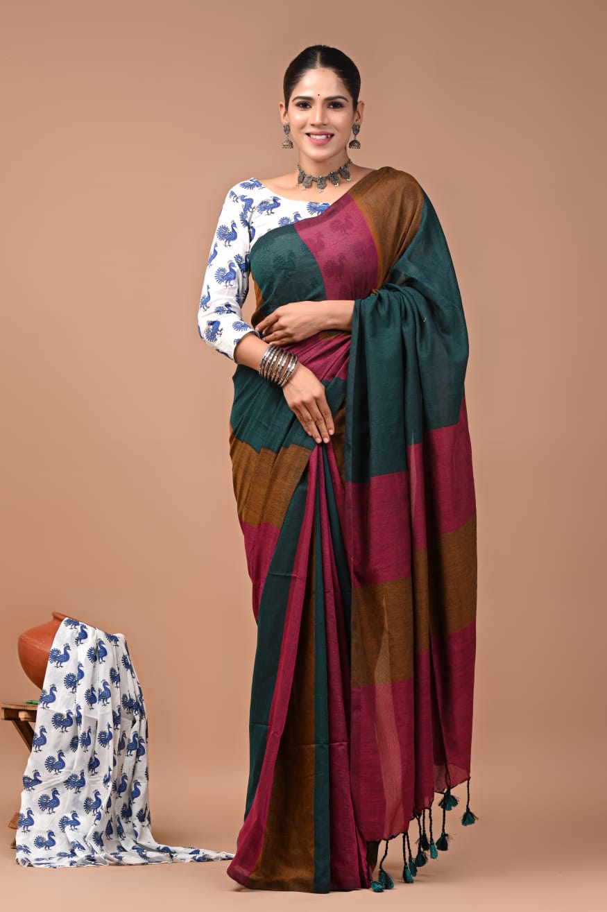 Multicolour Pure Soft Khadi Cotton Saree with Hand Block Printed Blouse