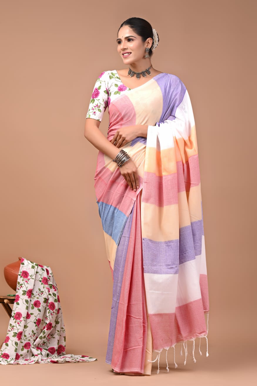 Multicolour Pure Soft Khadi Cotton Saree with Floral Hand Block Printed Blouse