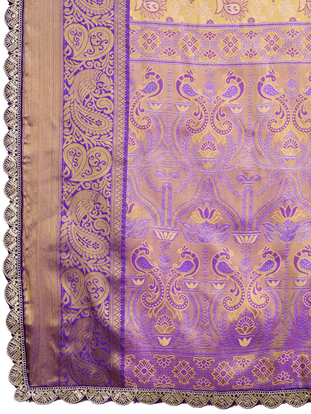 Beige and Lavender Kanjivaram Semi Silk Saree with Rich Zari Weaving
