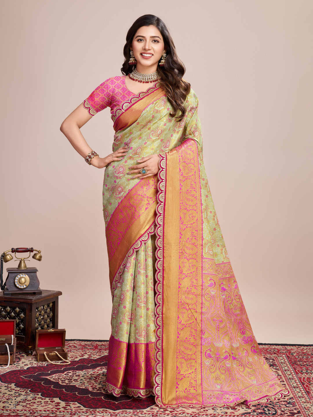 Pista Green Kanjivaram Semi-Silk Saree with Pink Zari Weaving