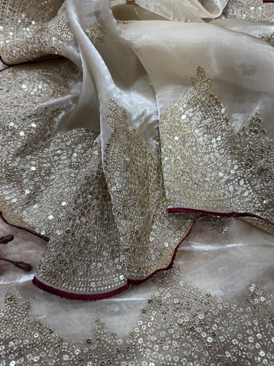 Beige fancy jimmy choo satin silk saree with sequence work