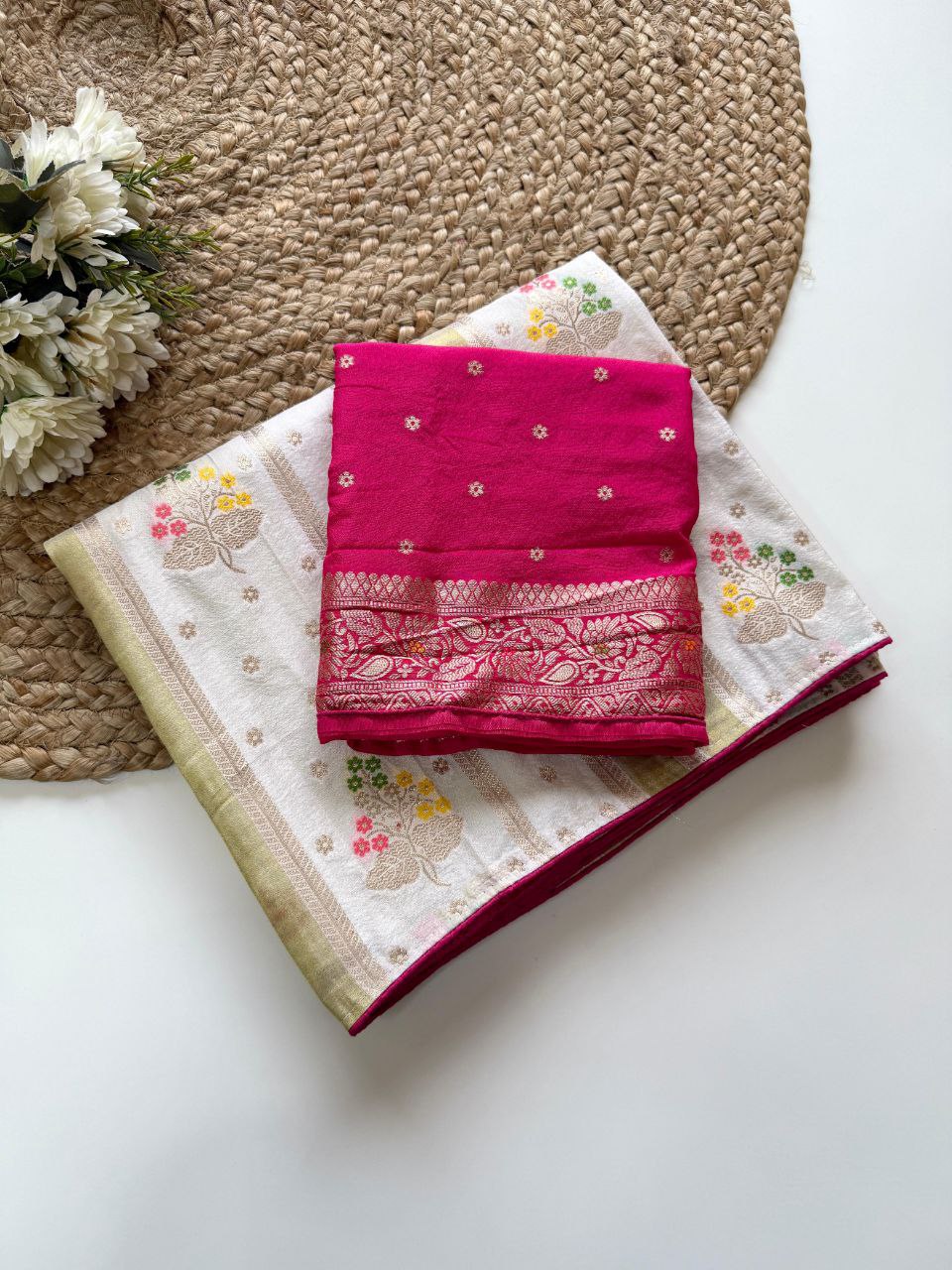 White Viscose Georgette Silk Saree with Multicolour Zari Weaving and Pink Blouse