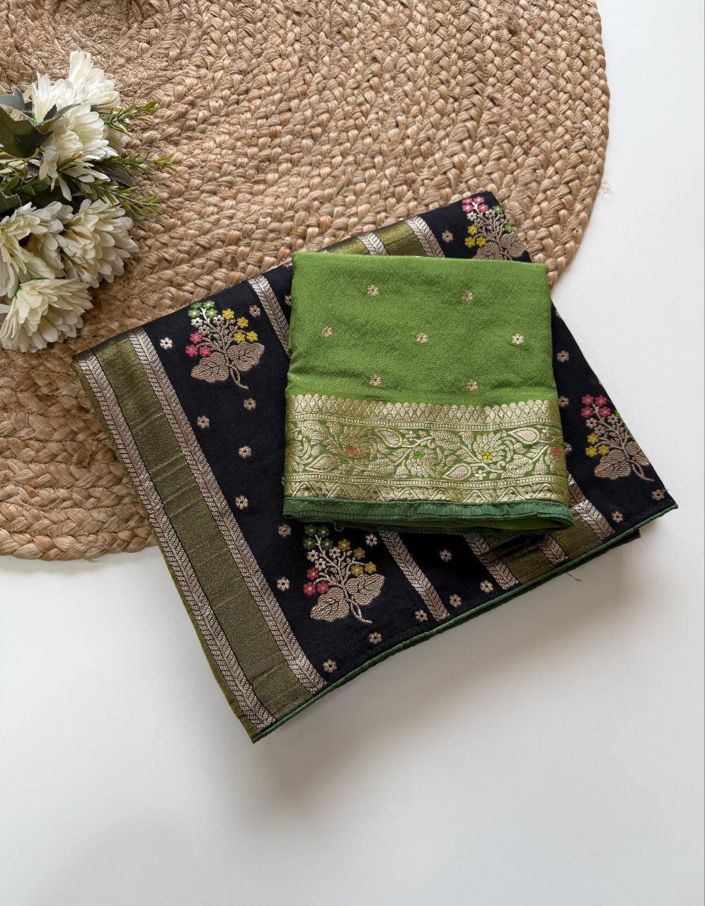 Black Viscose Georgette Silk Saree with Multicolour Zari Weaving and Green Blouse