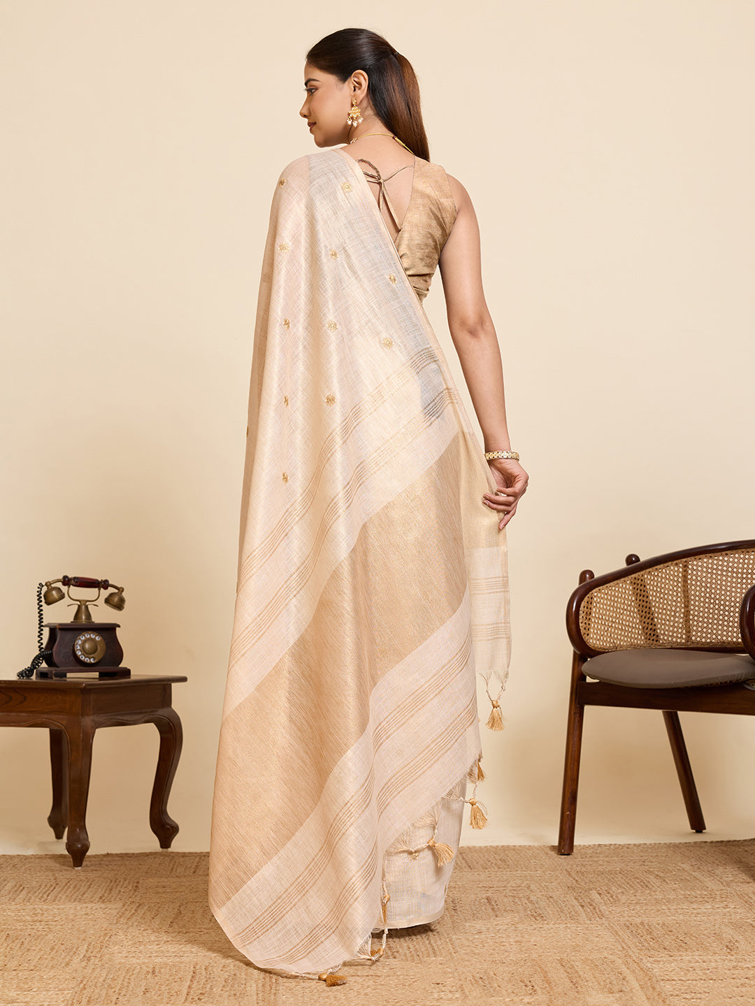 Beige Linen Cotton Saree with Embroidery Work and Contrast Golden Blouse - Golden
