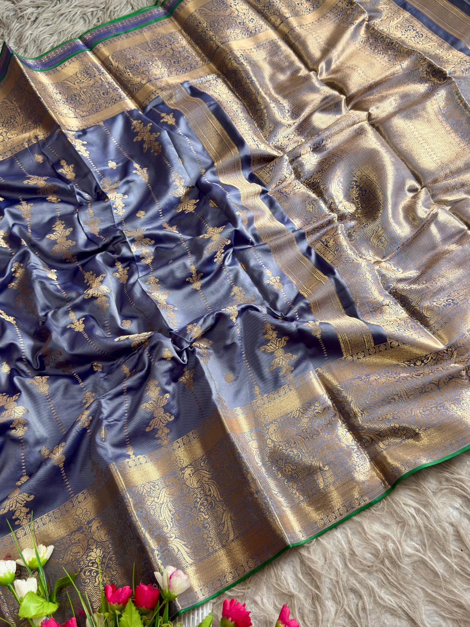 Grey Kanchipuram Semi-Silk Saree with Rich Golden Zari Weaving