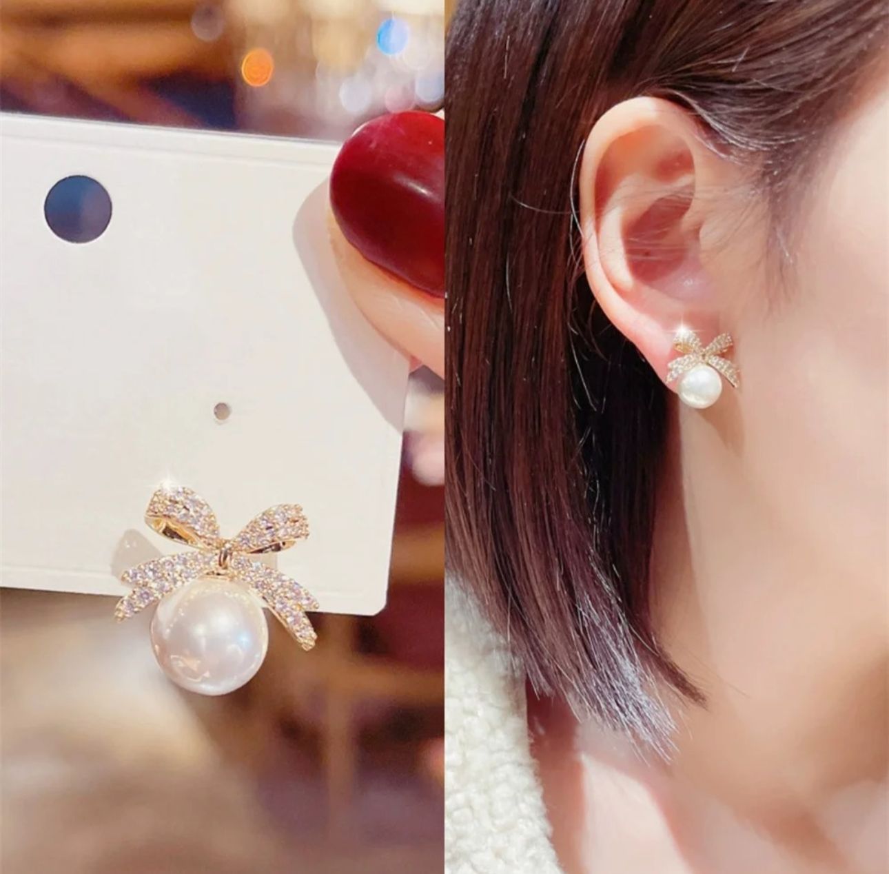 White Pearl Bow Studs - KE101