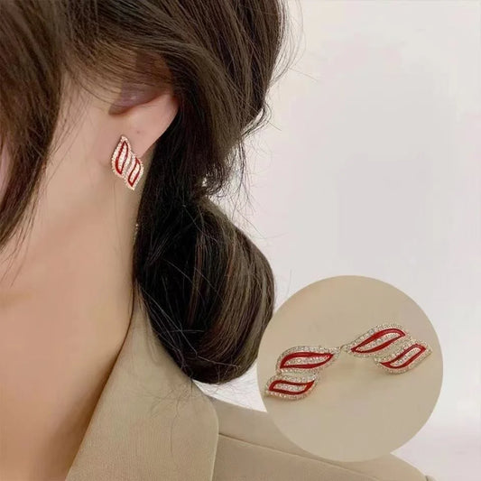 Micro-diamond leaf Korean earrings - Red - KE522