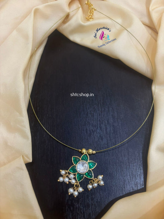 Kempu Stone Pendant with Invisible Chain Green & White - SHTC1104