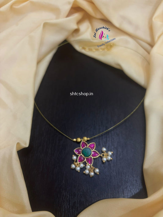 Kempu Stone Pendant with Invisible Chain Pink & Green - SHTC1107