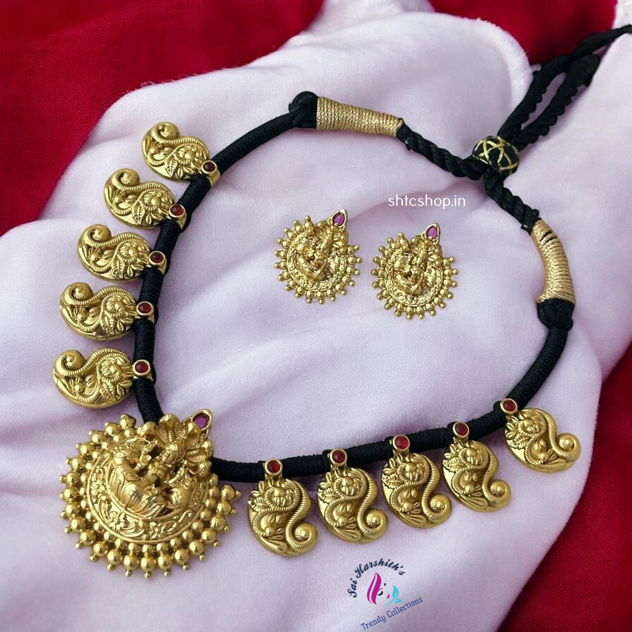 Temple Finish Kempu Necklace Set with Black Rope - SHTC1124