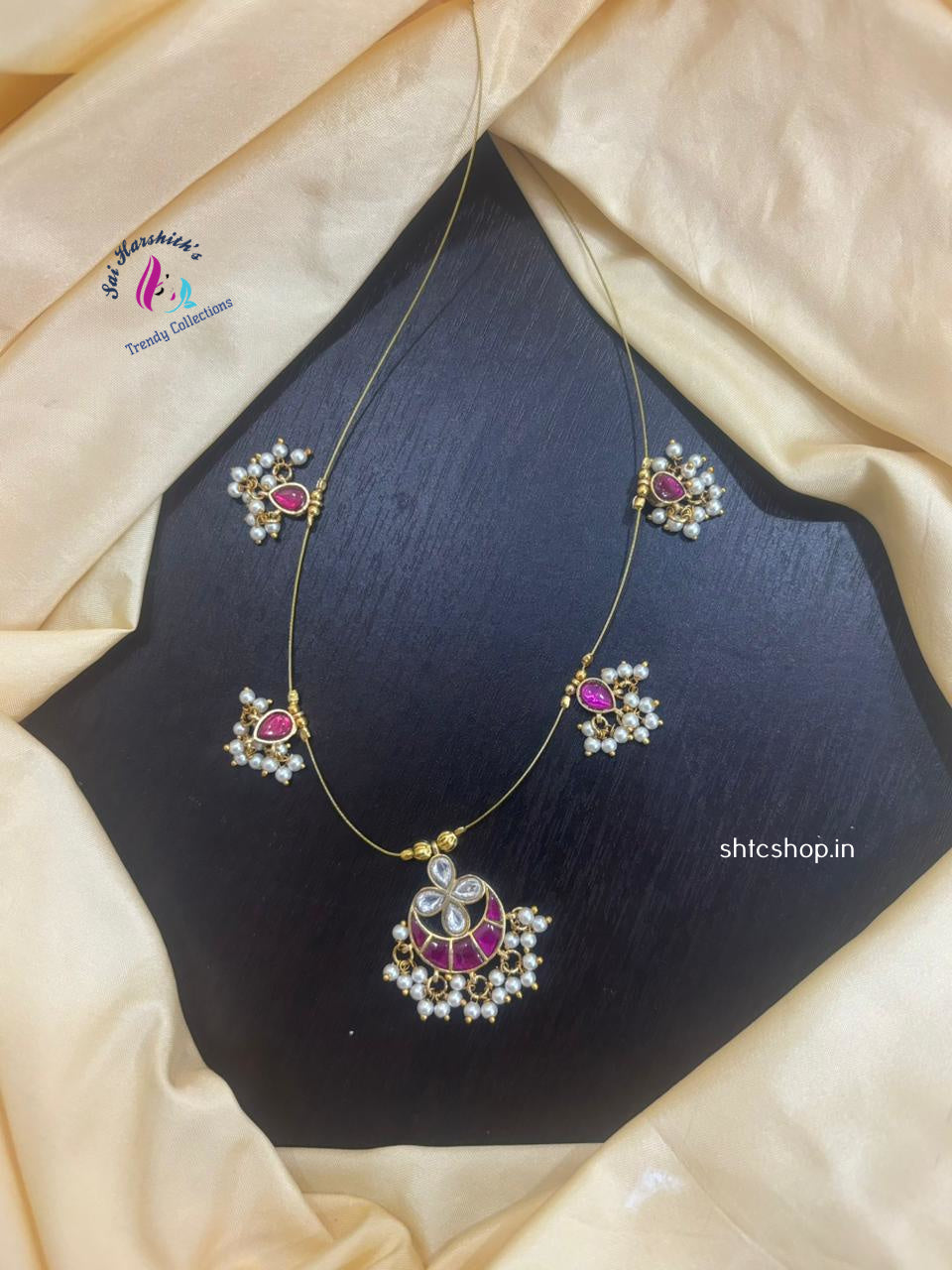 Invisible (Pink & White) Jadav Stone Necklace with White Beads - SHTC1131