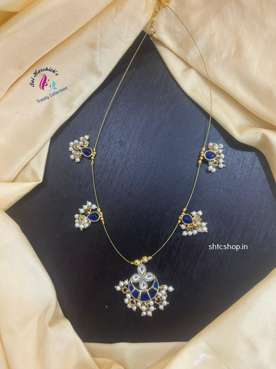 Invisible (Navy Blue& White) Jadav Stone Necklace with White Beads - SHTC1132