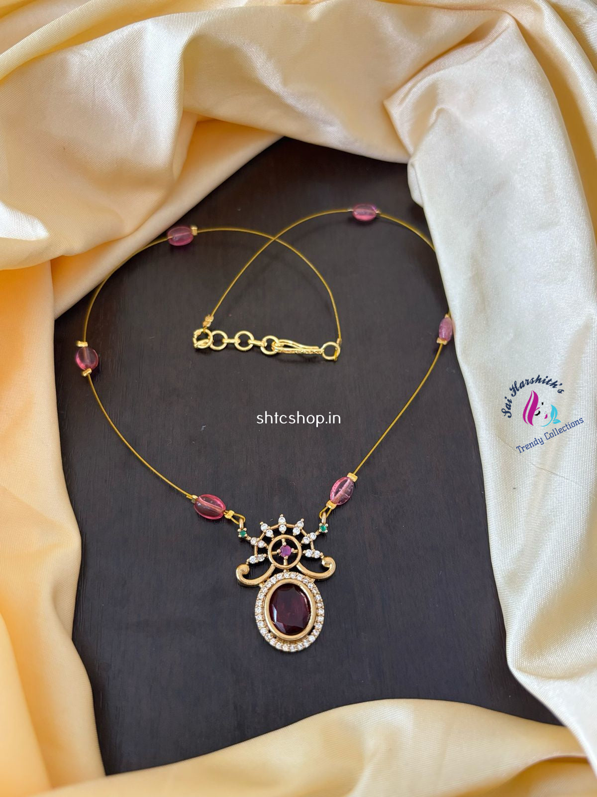 Invisible Necklace with AD Stone pendant & Beads - SHTC1169
