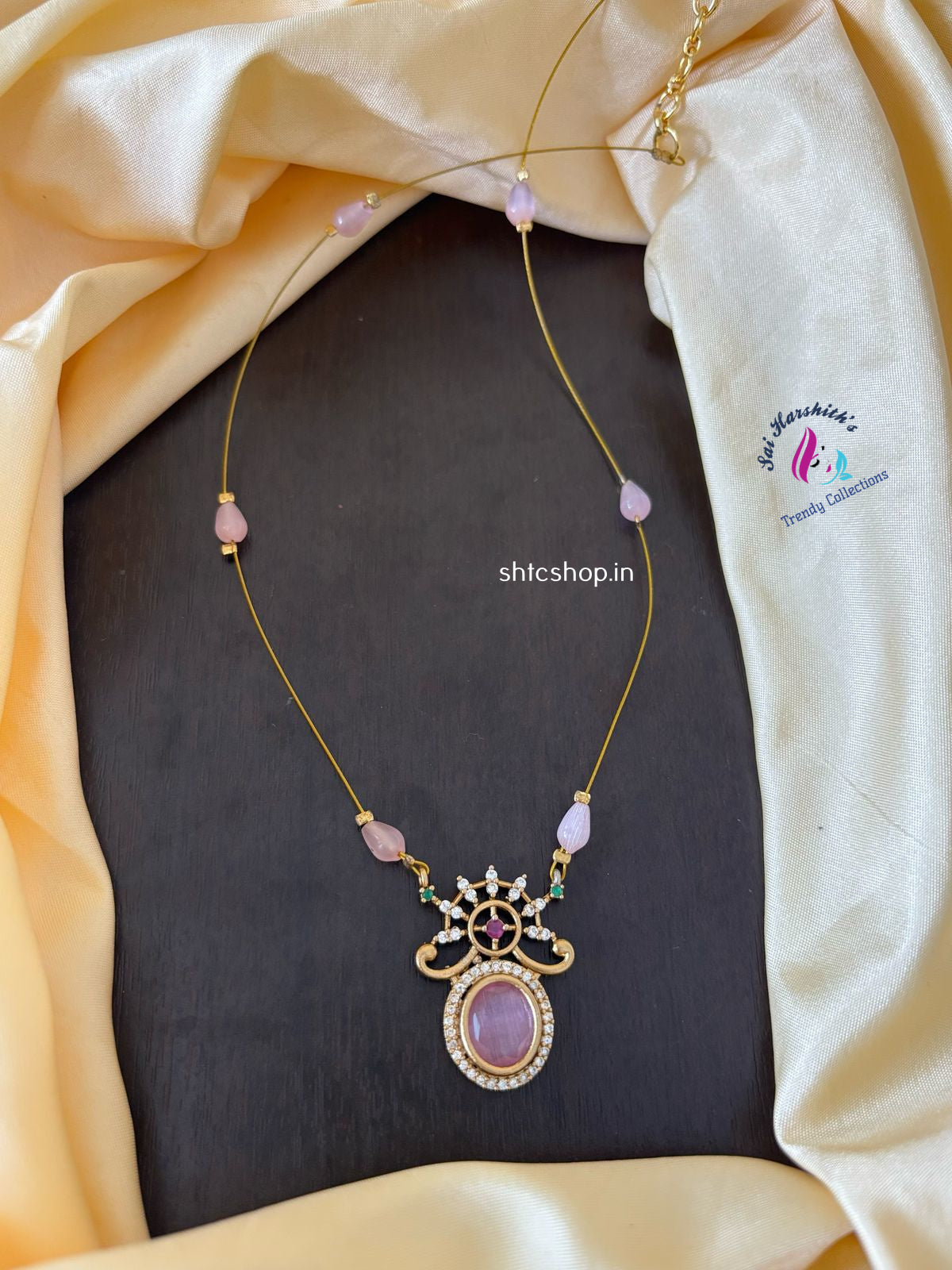 Invisible Necklace with AD Stone pendant & Beads - SHTC1169