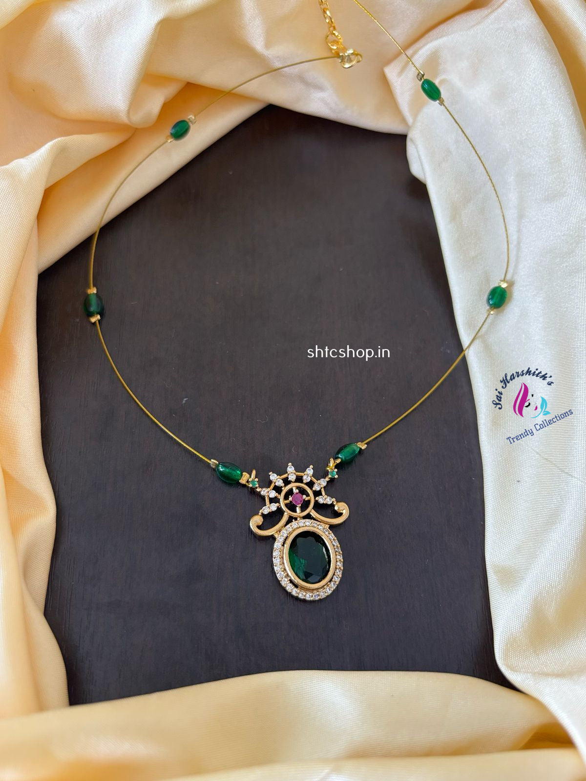 Invisible Necklace with AD Stone pendant & Beads - SHTC1169