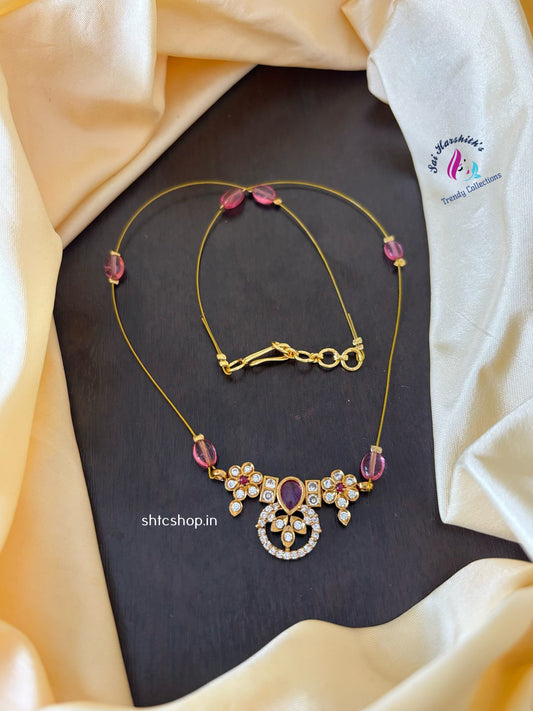 Invisible Necklace with Kempu & AD Stone Pendant - SHTC1179