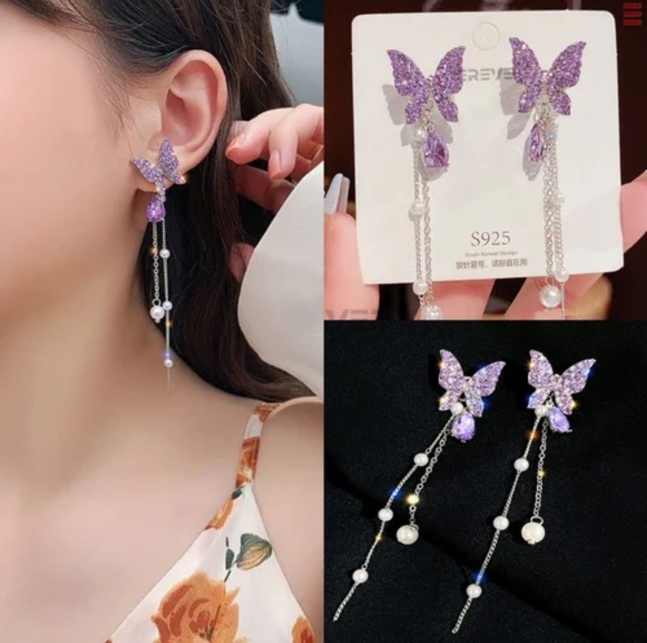 Purple Butterfly Long Earrings - KE119