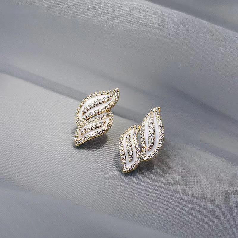 Micro-diamond leaf Korean earrings - White - KE523