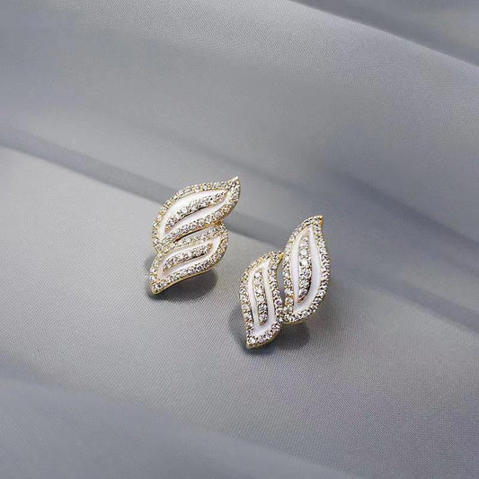 Micro-diamond leaf Korean earrings - White - KE523