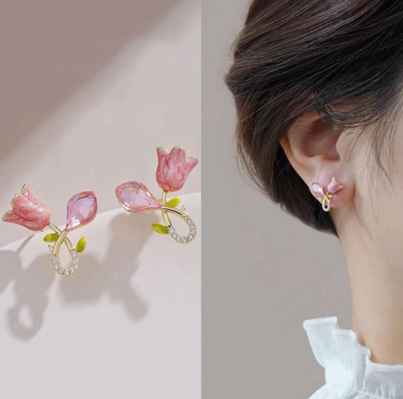 Cute Pink Tulip Crystal stud Earrings - KE120