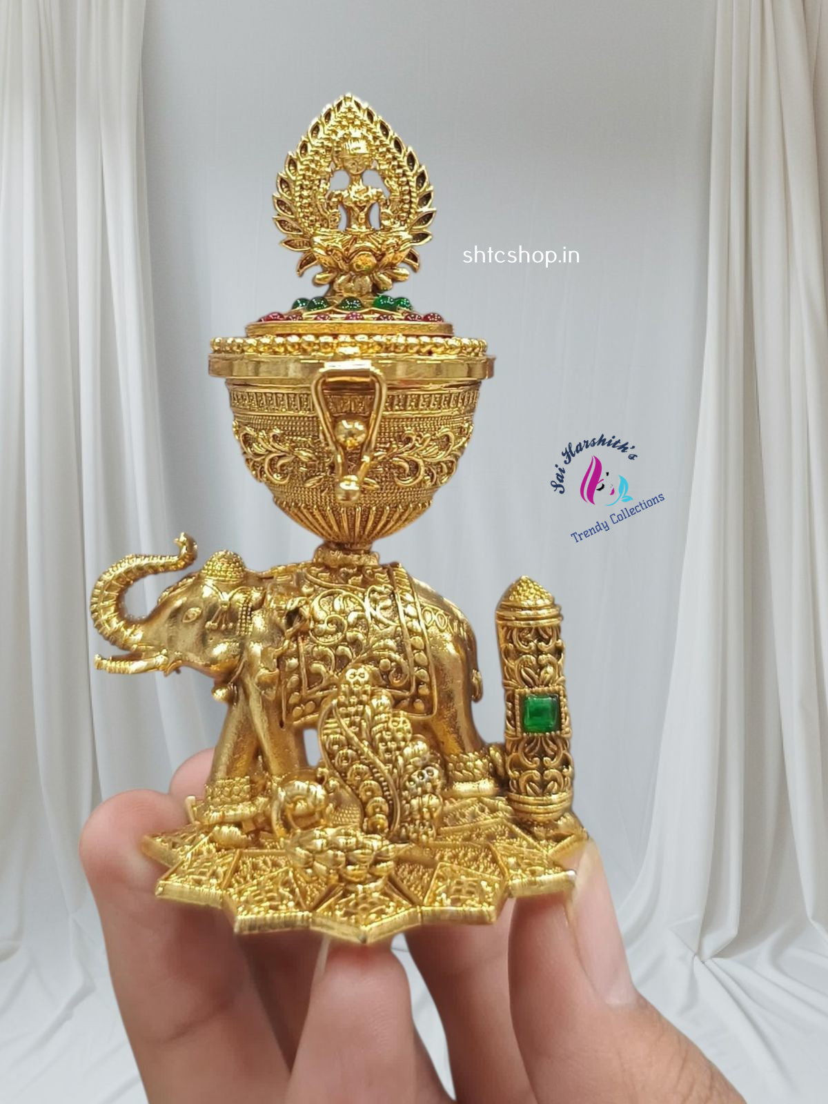 Matte Finish Kumkum box with Lakshmi on Elephant - SHTC1244