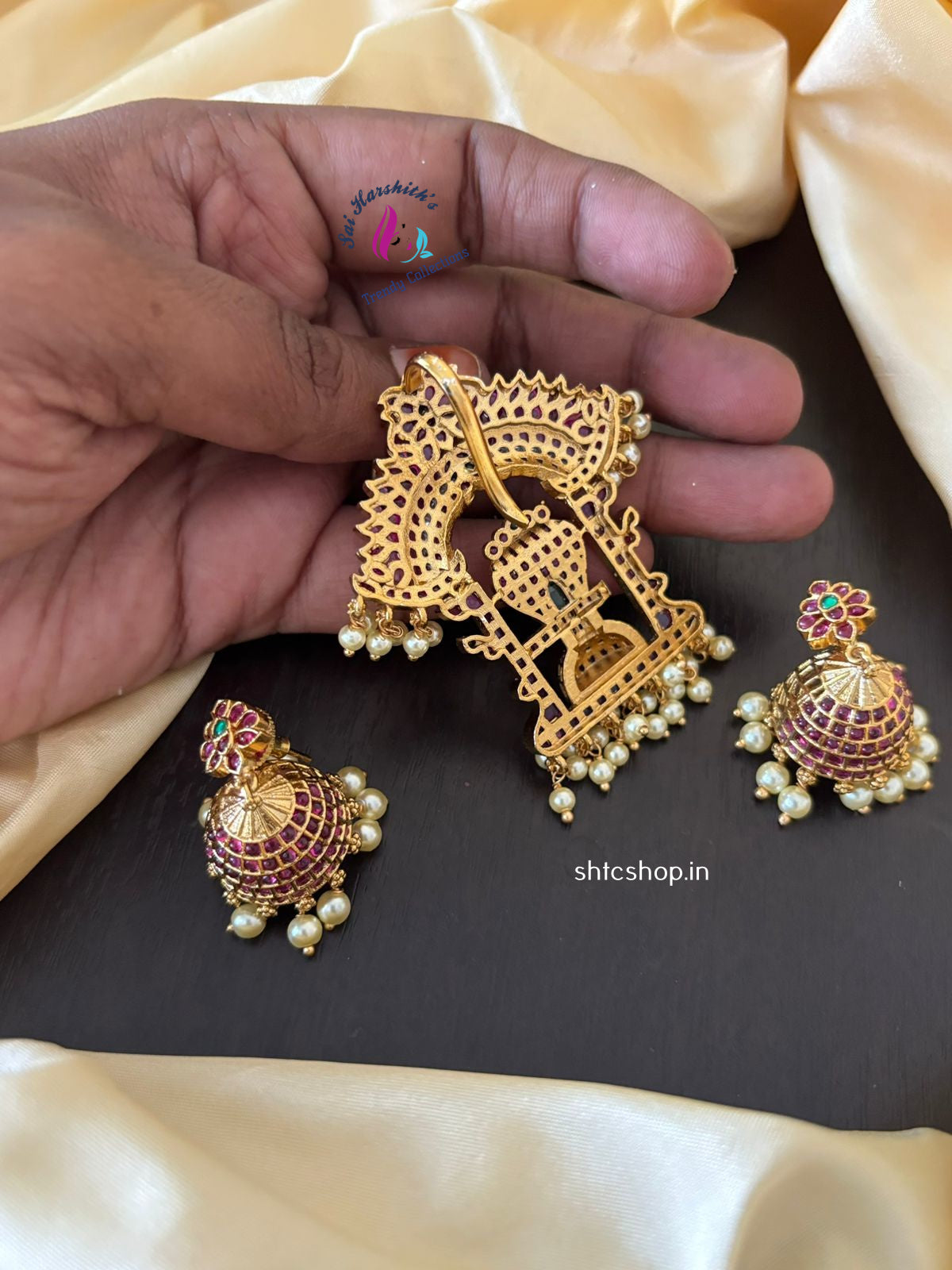 Kempu Stone Shivalinga with Nagaraja Pendant and Jumkas - SHTC1267