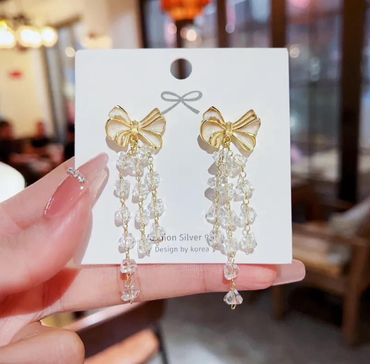 Bow & Crystals Chain Earrings - KE127