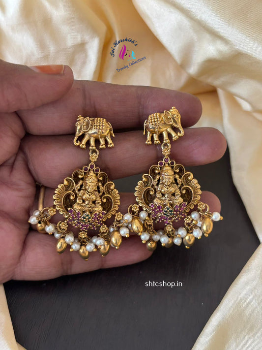 Matte Finish Temple Earrings with Lakshmi and Elephant - SHTC1278