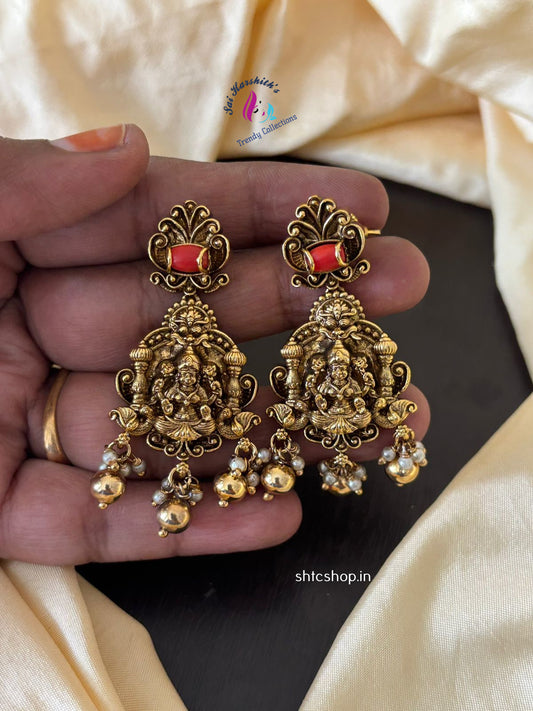Temple Finish Lakshmi Earrings with Coral Stones - SHTC1279