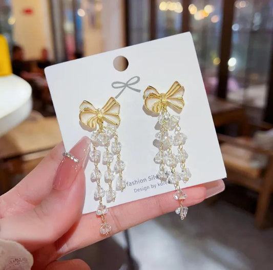 Bow & Crystals Chain Earrings - KE127