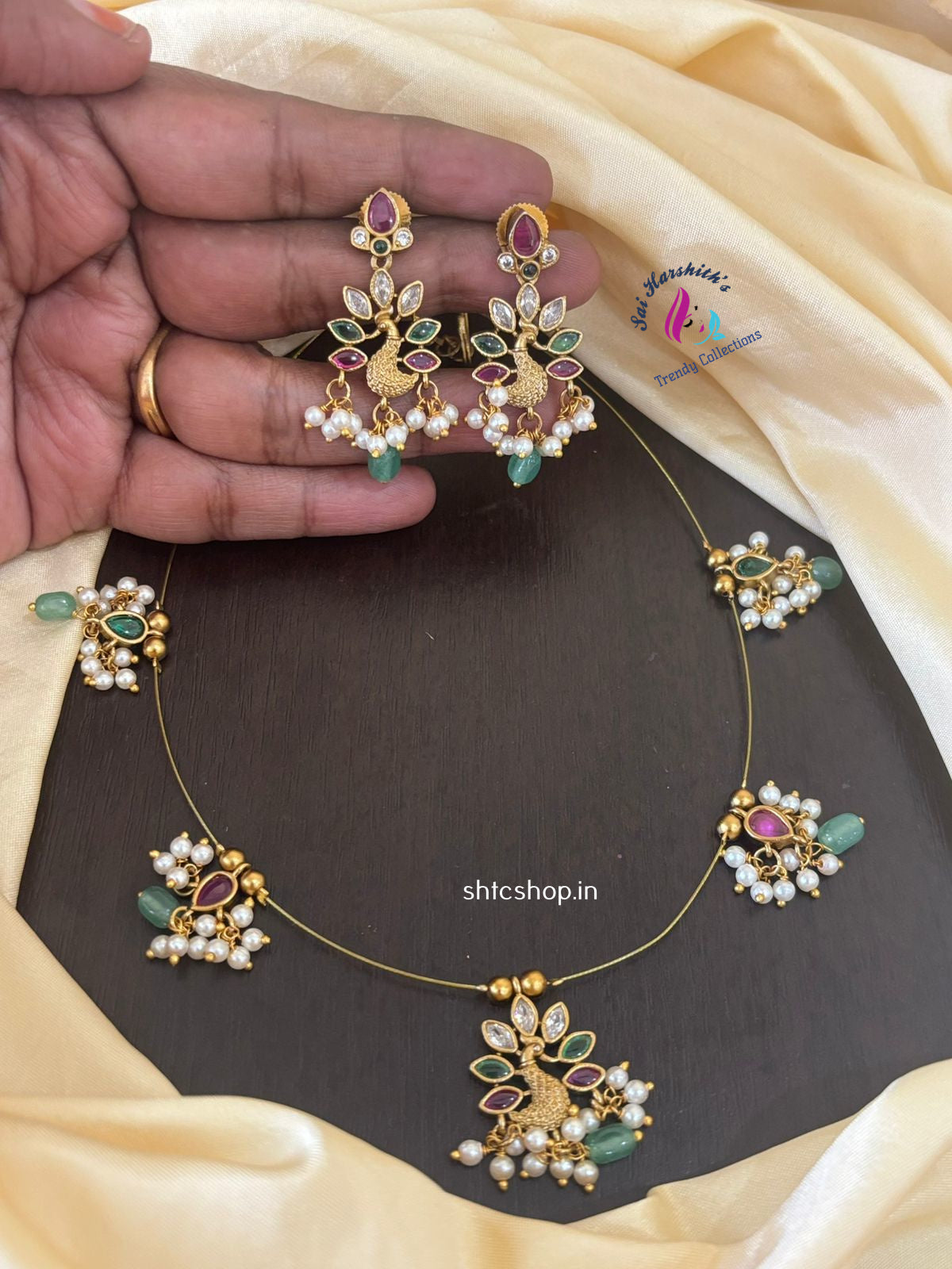 Kempu Stone invisible Necklace with Earrings - SHTC1317