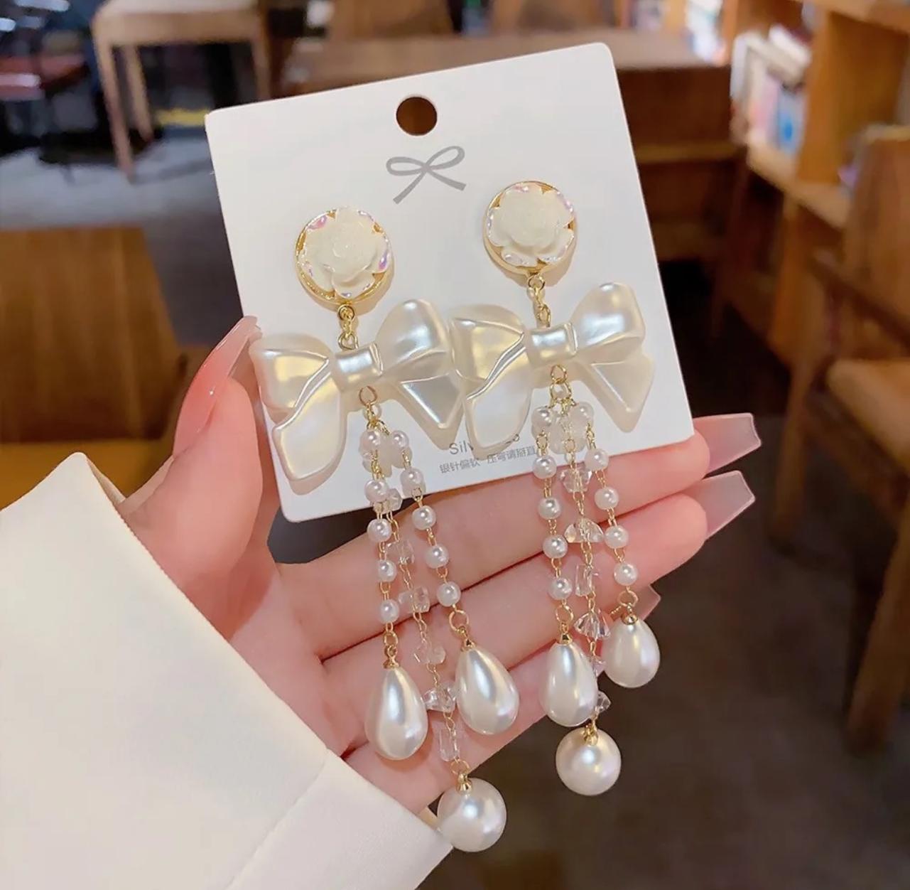 Bow-Knot Pearl Crystal Tassel long Earrings - KE133