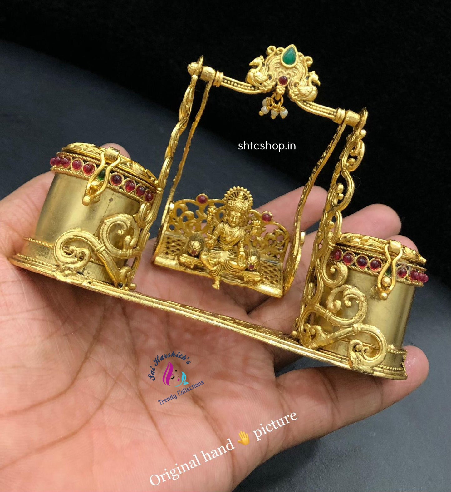 Brass made Goddess Lakshmi in Unjal Kumkum box - SHTC1333