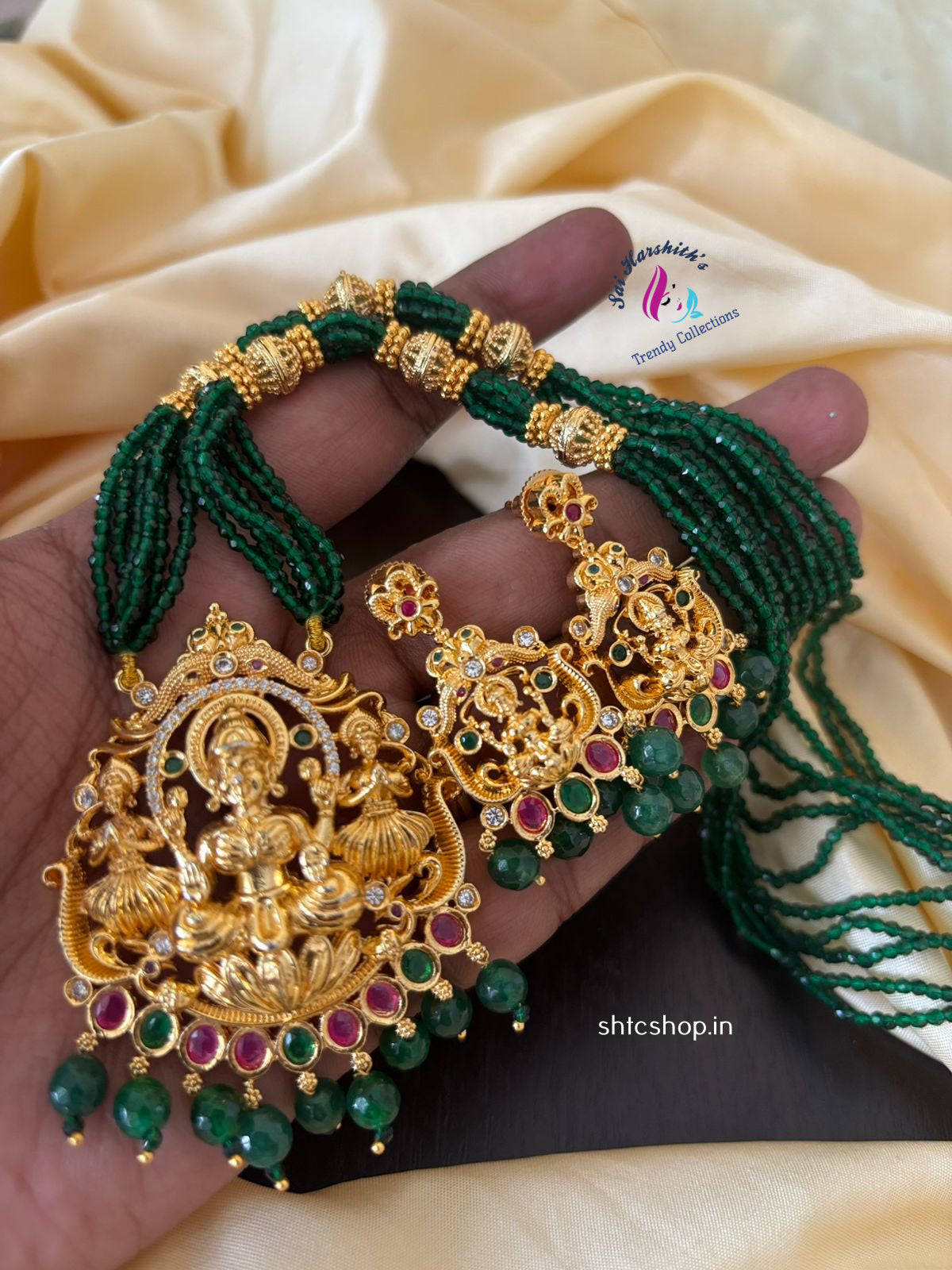 Premium Quality layered Crystal chain with Gold Finish pendant and earrings - SHTC1336